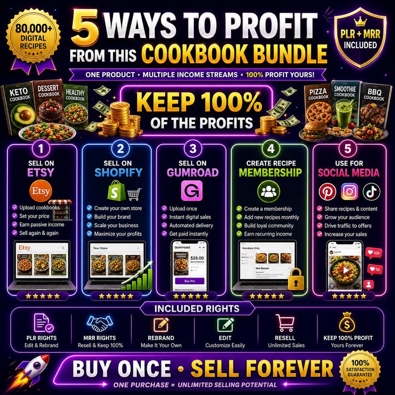 80,000+ Recipe Cookbook Bundle | 200+ Digital Cookbooks | PLR MRR Rights Included | Recipe Ebooks | Resell for Profit