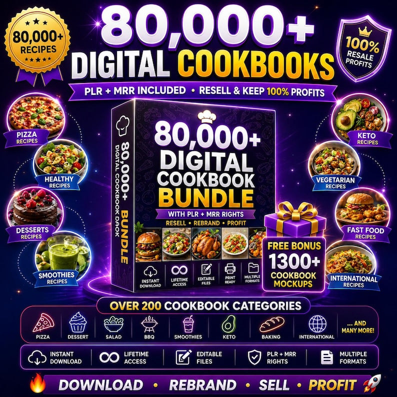80,000+ Recipe Cookbook Bundle | 200+ Digital Cookbooks | PLR MRR Rights Included | Recipe Ebooks | Resell for Profit