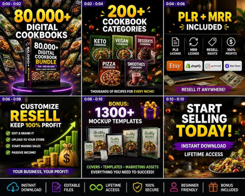 80,000+ Recipe Cookbook Bundle | 200+ Digital Cookbooks | PLR MRR Rights Included | Recipe Ebooks | Resell for Profit