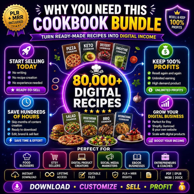 80,000+ Recipe Cookbook Bundle | 200+ Digital Cookbooks | PLR MRR Rights Included | Recipe Ebooks | Resell for Profit