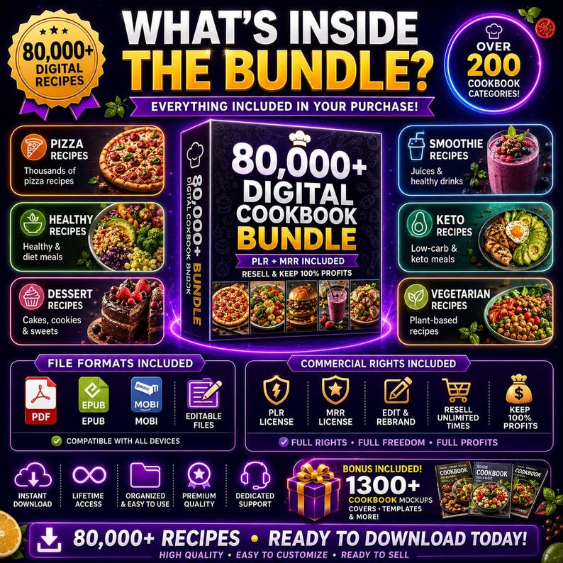 80,000+ Recipe Cookbook Bundle | 200+ Digital Cookbooks | PLR MRR Rights Included | Recipe Ebooks | Resell for Profit