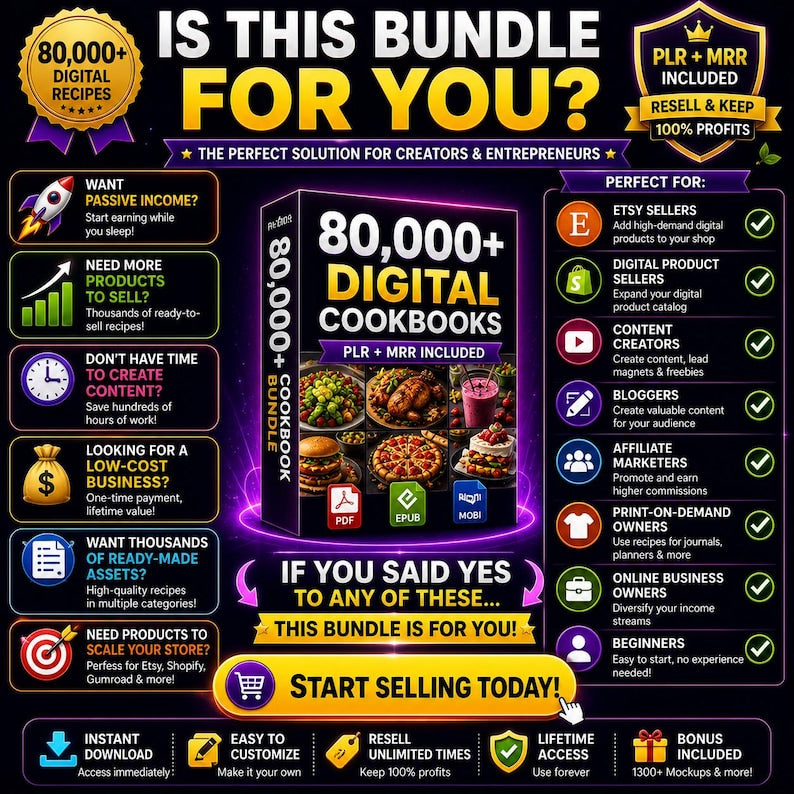 80,000+ Recipe Cookbook Bundle | 200+ Digital Cookbooks | PLR MRR Rights Included | Recipe Ebooks | Resell for Profit